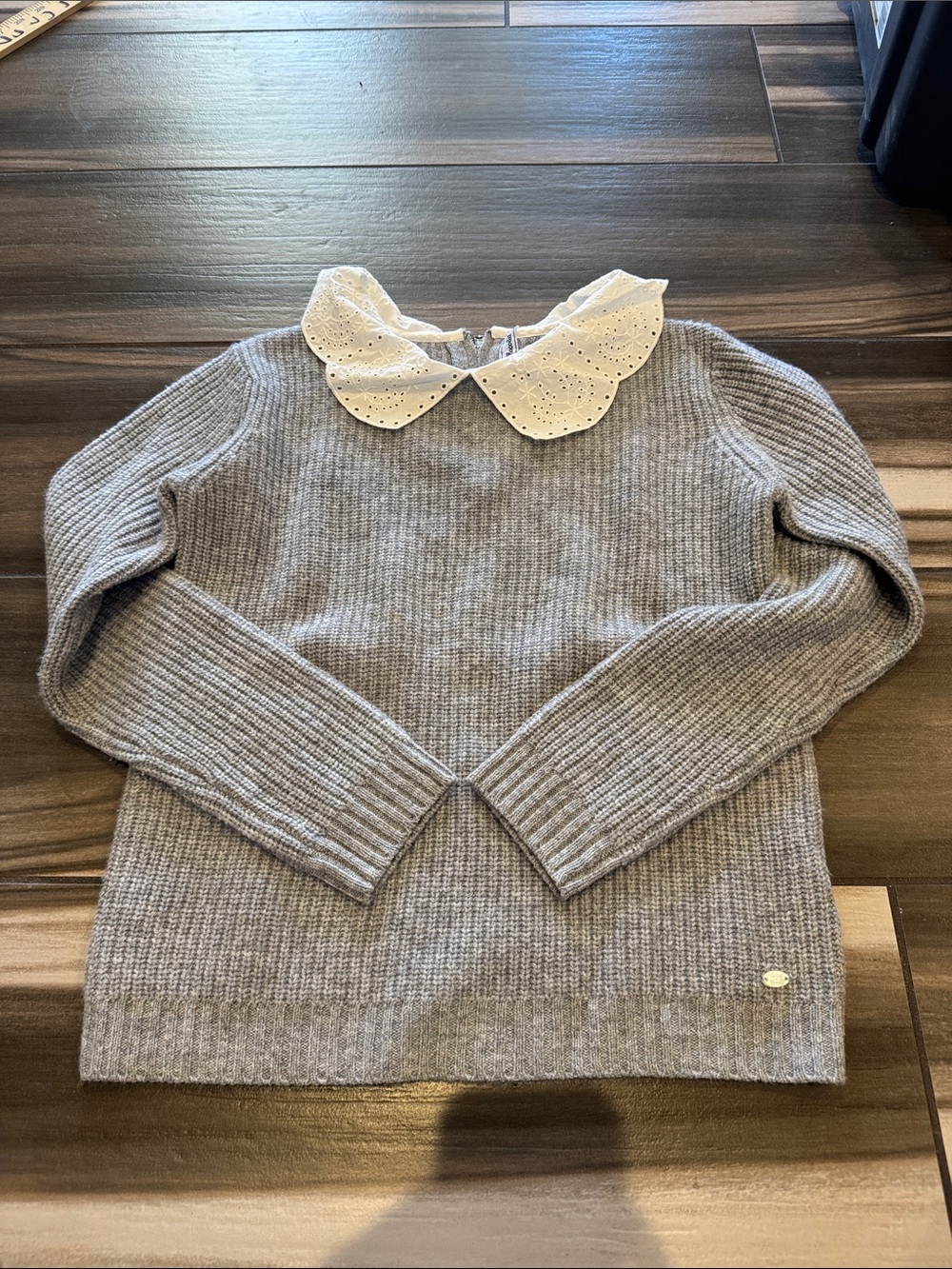 Tartine et Chocolat Gray Knit Sweater with White Eyelet Collar